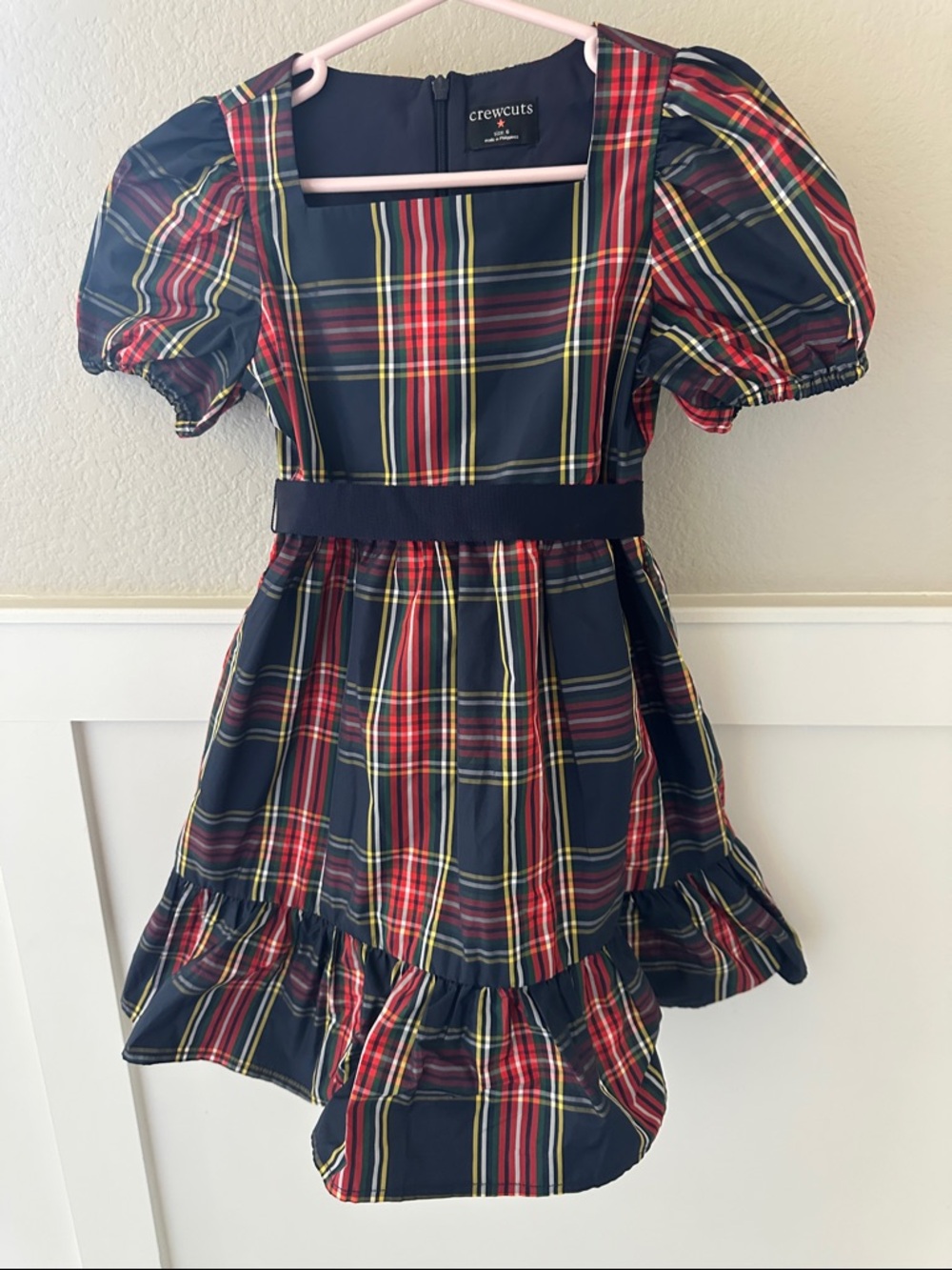 Crewcuts Navy Red Plaid Square-Neck Puff Sleeve Dress Girls Size 6
